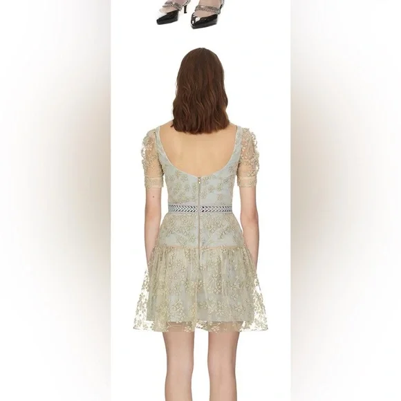 NWOT Self-Portrait Short Sleeve Chiffon Midi Dress gold Light Blue - Picture 7 of 11